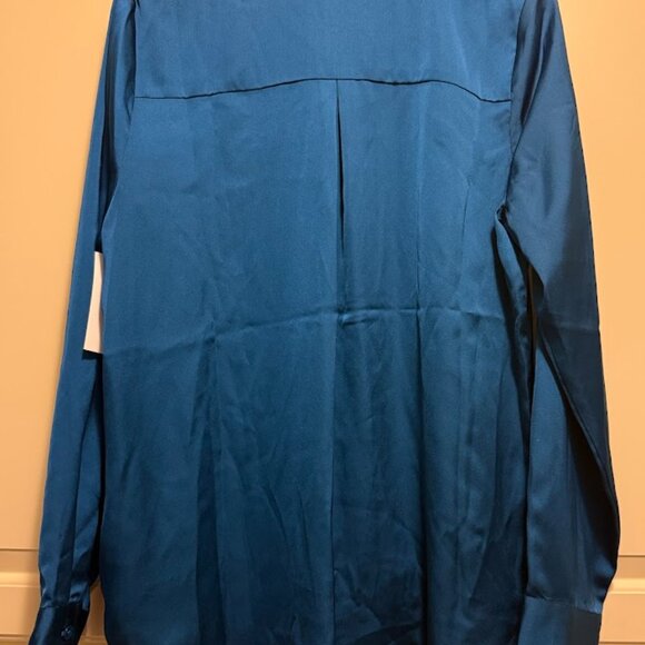 *NWT* Skies are Blue Long Sleeve Button Blouse Silk-Like Dark Teal Blue - Picture 3 of 4